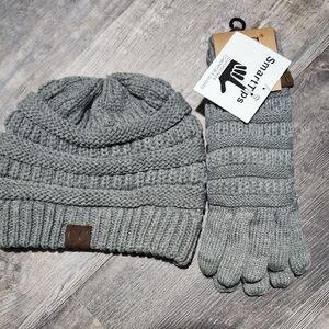 Gray Knit Beanie and Gloves Set